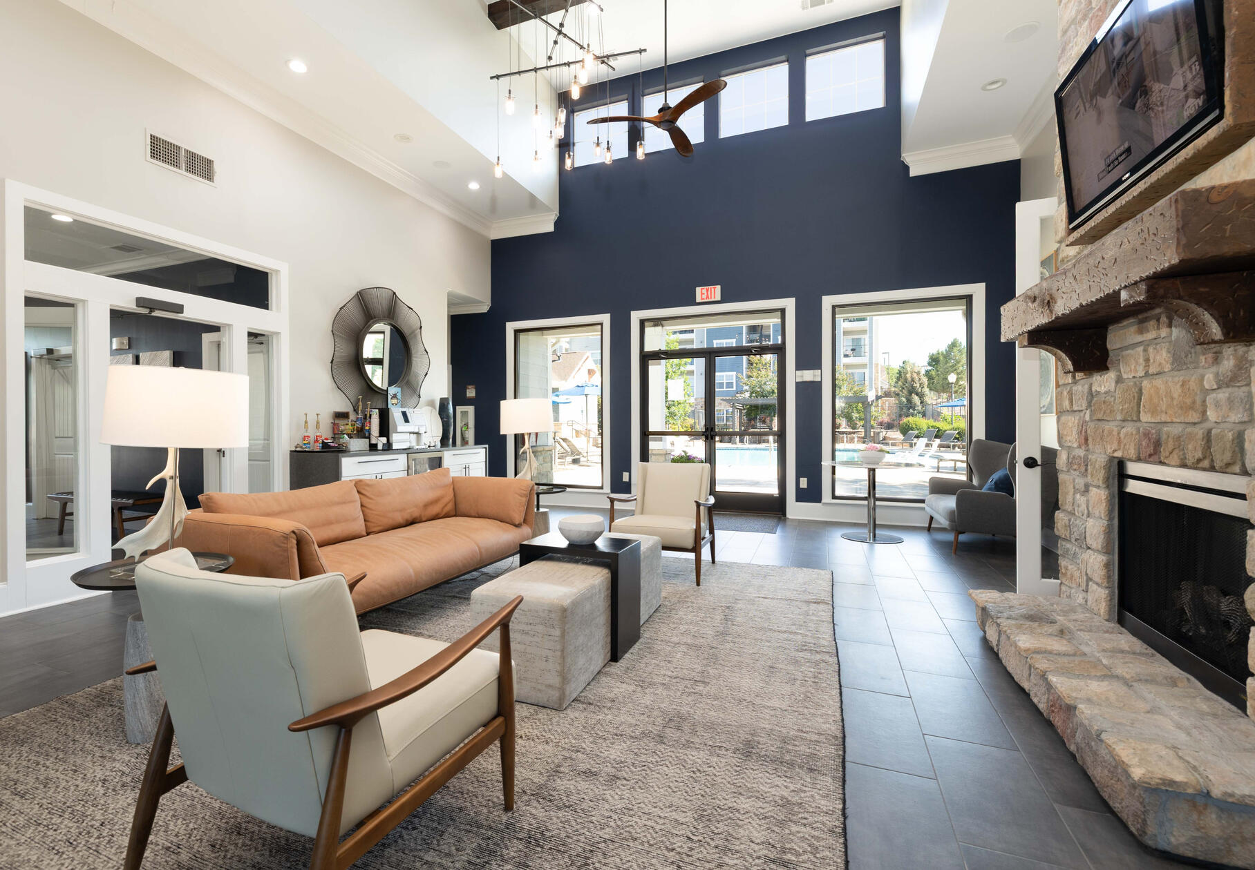 Interior of apartment complex clubhouse with large windows Sanden Photo Colorado Springs Apartment Photography