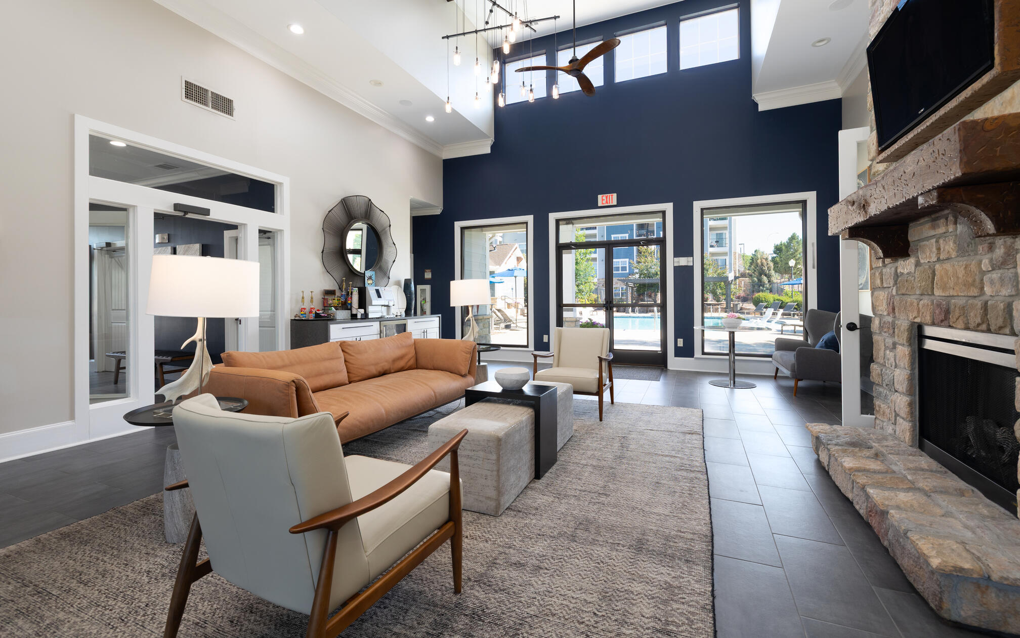 Interior of apartment complex clubhouse with large windows Sanden Photo Colorado Springs Apartment Photography